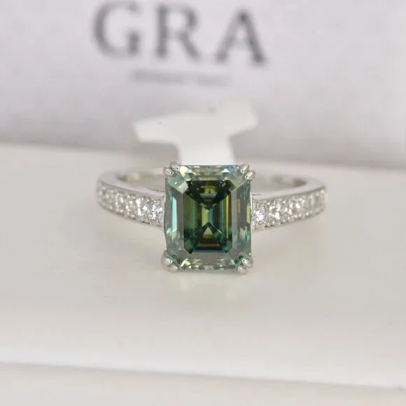 Certified 4ct Blue Green Emerald Cut Moissanite Engagement Ring 925 Sterling - Picture 2 of 10